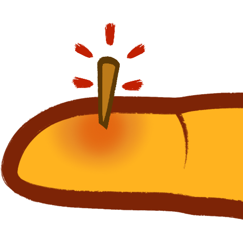a finger with a splinter of wood embedded in it, the area around the wound is reddish and there are red dashes around the splinter.